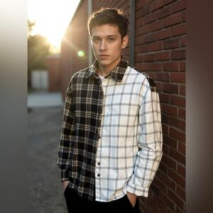 Shein Men’s Shirt Color Block  Flannel Brown 44” Chest Button Up Unique Style